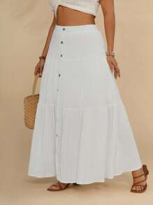 SHEIN VCAY Talla grande Falda con botón delantero bajo con fruncido - Blanco - Ver 4