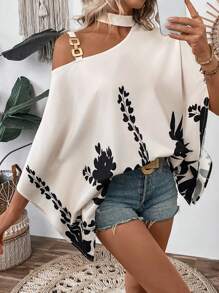 Breezaya Women's Holiday Chain Asymmetric Neck Print Shirt (Flower Pattern Random Cut) - Apricot - View 3