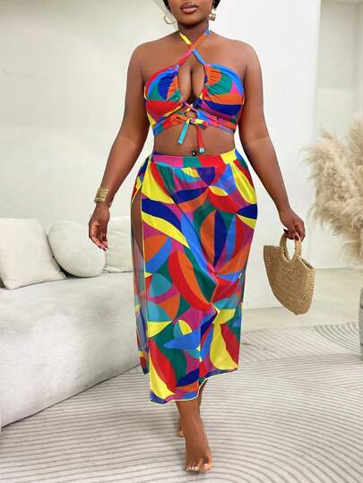 SHEIN Swim Curve Plus Size Women 3pcs Printed Color Block Patchwork Spaghetti Strap Bikini Set With Matching Cover-Up Skirt, Fashionable Minimalist Beach Swimwear, Summer Vacation