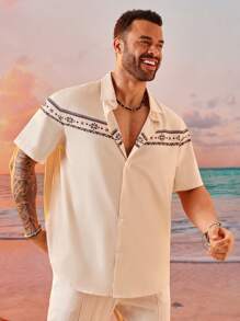 EASEVO Plus Size Men's Street Style Loose Woven Patchwork Short Sleeve Shirt