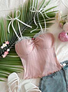 Soleia 针织蕾丝拼布紧身吊带背心 - 粉色 - 查看 1