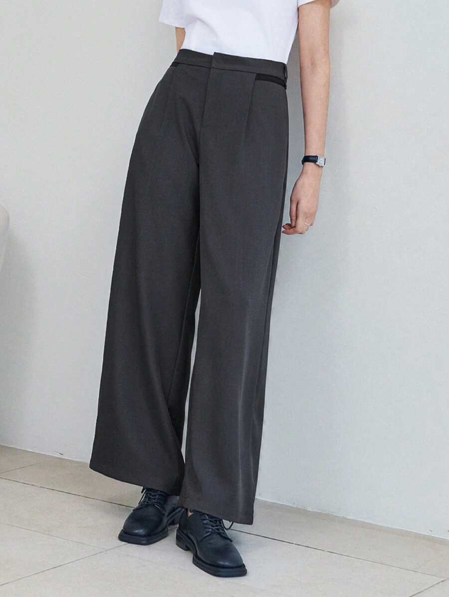 DAZY 女士纯色简约褶裥前裤，休闲日常裤，女士商务正装裤 - 深灰色 - 查看 1