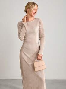 CLARA VERO Elegant Style Pleated Satin Quality Maxi Dress - Beige - View 4