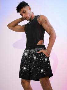 FeverCity Men's Casual Straight Leg Drawstring Shorts With Rhinestone Embellished Pockets - Black - View 2