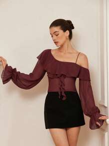 Aveloria Rosie Blusa romántica de estilo italiano para mujer con volantes en un hombro, de gasa transparente y manga larga acortada