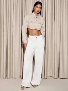 AiiRZ 刺绣短款卡车司机夹克花卉图案纽扣前襟春季时尚休闲外套过渡季街头潮流单品 - 卡其色 - 查看 3