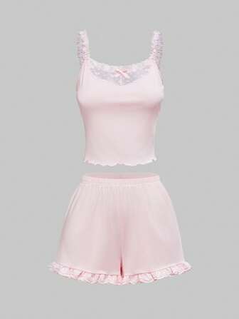 Kawaii Gestrickter Herz-Mädchen Pyjama-Set mit einfacher Spitzen-Rüschenborte, Herz-Mesh-Patchwork, legere Loungewear