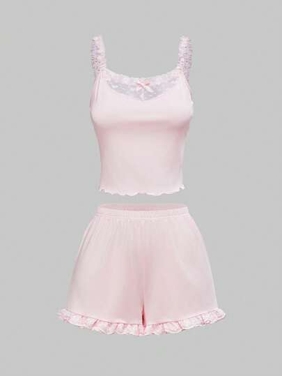 Kawaii Ensemble de pyjama casual de loisirs avec patchwork de cœur, maille et volant en dentelle