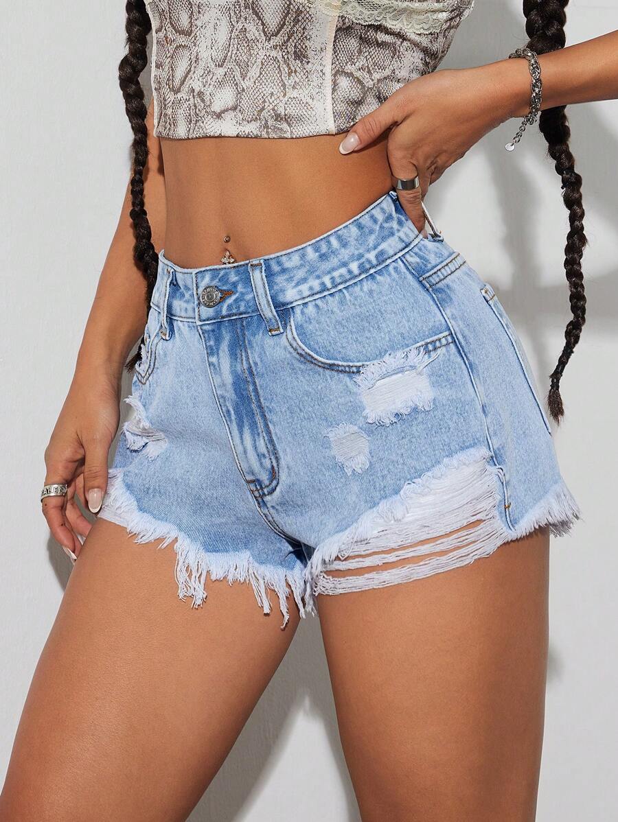 SHEIN Tall Frayed Distressed Washed Women's Denim Shorts - Light Wash - View 1