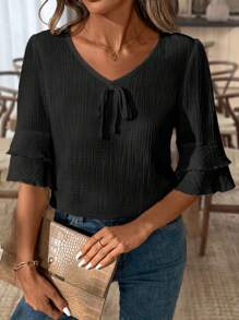 SHEIN LUNE Casual linne V-ringad volangärmad blus för kvinnor - Svart - Visa 4
