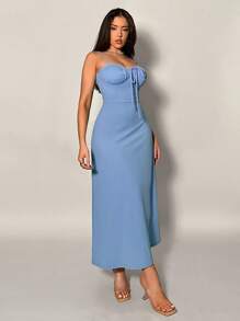SHEIN Privé Nowa sukienka damska w kolorze morelowym z okrągłym dekoltem i metalowymi guzikami, z falbanką u dołu, elegancka/do biura/codzienna/biznesowa/na randkę