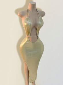 BamGleam 1 件纯色优雅休闲日常连衣裙 - 杏色 - 查看 5