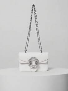 Mini Rhinestone Decoration Shoulder Bag, Fashionable PU Flap With Metal Chain Strap Clutch For Women Winter Gifts - White - View 1