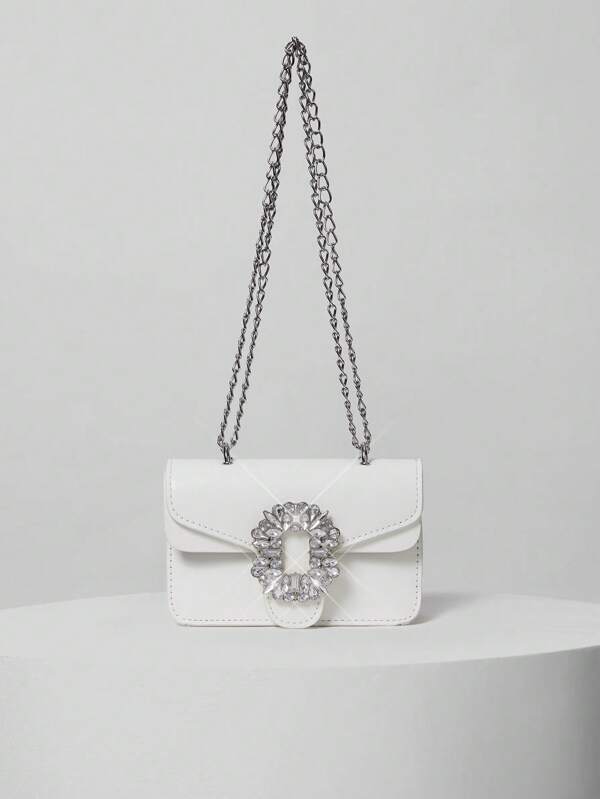 Bolso de hombro con decoración de mini rhinestones, solapa de PU de moda con correa de cadena de metal, embrague para mujer, regalo de Navidad de invierno