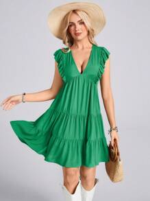 SHEIN LUNE Sea Dress Western Boho Women Short Dresses St Patrick Day Green Ruffle Sleeves Tiered Holiday Ladies Short Dress - Green - View 1