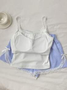 SHEIN Comfortcana 2pcs Women Summer Solid Color Lace Trim Cami & Striped Shorts Set - Blue - View 10