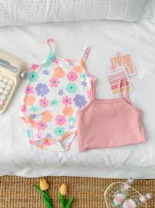 SHEIN Set de 2 piezas de ropa de primavera/verano para bebé niña con body de punto con patrón floral lindo