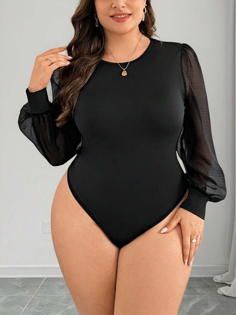 SHEIN Privé Plus Size Elegant Commute Office Intellectual Vacation Afternoon Tea Slightly Sexy Date Music Concert Party INS Fashionable Retro School Beach Photo Outfit Round Neck Chiffon Mesh Jacquard Long Sleeve Semi-Sheer Bodysuit, Figure-Flattering, Black, Spring/Summer - Black - View 1