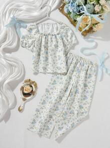 2 件小女孩休闲花卉印花套装，短袖上衣和裤子，舒适家居服套装 - 彩色 - 查看 3