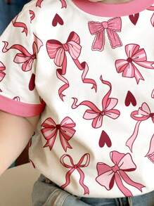 SHEIN Tween Girl Casual Heart & Bow Print Short Sleeve Round Neck T-Shirt, Simple Design Suitable For Summer