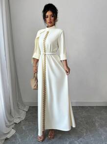 Selianne Váy dạ hội sang trọng dành cho nữ, đính hạt thủ công ở giữa phía trước, lễ hội Eid, tay áo 3/4, váy dệt kim - Màu be - Xem 5