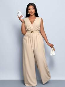 SOLERSUN 杏色性感 V 领无袖系带收腰连体裤，腰带金属扣可打开，通勤、优雅、约会、正式场合、大码新款女装