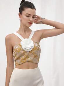 Aveloria Rosie Blusa recortada para mujer con escote en V sin tirantes, tela jacquard delicada de colores contrastantes elegantes y vintage franceses con estampado floral en floración