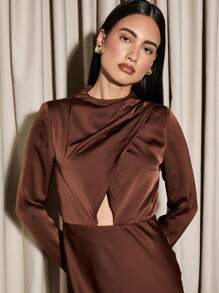 AiiRZ Elegant Wrap Maxi Evening Dress With Side Cut-Out Detail Satin Gown High Neck Long Sleeve Special Occasion Floor Length Winter Fall Formal Wedding Guest Party