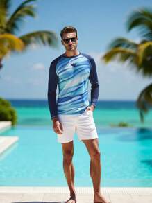 Manfinity Swimmode Men's Long Sleeve Swim Shirt: Blue Wave Print Rashguard For Beach And Surfing Men Swim Trunks - Blue - View 7
