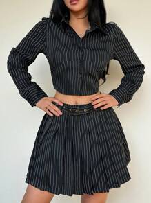 INAWLY Striped Print Crop Shirt & Pleated Skirt Fall Cloth For Women - Black - View 4