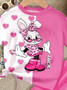 SHEIN 2pcs Young Girls Casual Rabbit Print Short Sleeve T-Shirt And Shorts Set, Comfortable & Minimalist Design, Suitable For Spring & Summer