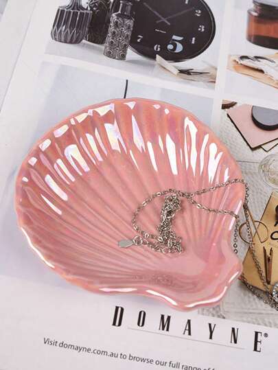 1pc Pearl Pink Shell Shape Jewelry Small Tray ,Ceramic Material Storage ,Small Plate, Necklace Container Ceramic Ring Holder, Display Tray,Desktop Tray ,Trinket Dish Key Ceramics Earring PlateBedroom Dresser Decoration, Gift For Valentine's Day,Wedding Decor