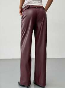 Aloruh Burgundy PU Leather Pocket Waist Straight Leg Pants For Women