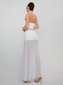 Aloruh Women Elegant Solid Open Back Halter Neck Top & Mesh Patchwork Skirt 2 Pieces Set - White - View 2