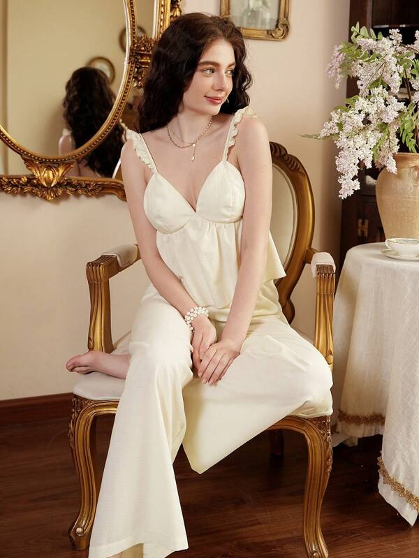 Côtesoire Conjunto de pijama francés sexy de dos piezas con tirantes para mujer, temporada festiva