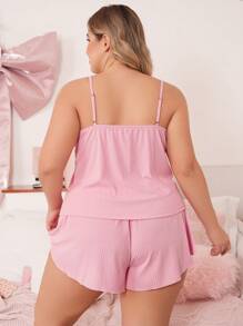 Plus Size Jacquard Ribbed Pajamas Set, Casual & Fashionable Sleepwear For Daily Wear - Dusty Pink - View 2