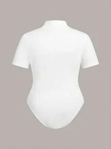 CovetEZ Plus Size Solid Half-Zip Casual Bodysuit, Spring/Summer - White - View 2