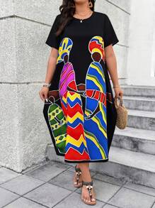 Breezaya 大码女式卡通印花圆领短袖休闲连衣裙 - 黑色 - 查看 5