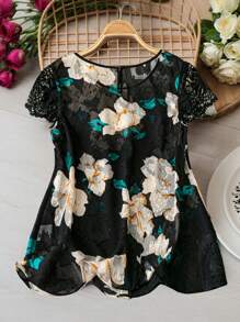 SHEIN Clasi Plus Size Women Floral Print Chiffon Keyhole Neck Party, Valentine's Day, Everyday Elegant Blouse, Spring/Summer