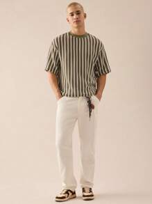 Manfinity VCAY Standard Size Men's Fashion Casual Knitted Hollow Mesh White And Green Striped Loose Dropped Shoulder T-Shirt, Summer, School - Green - View 4