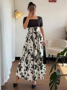 Chiquease Váy chữ A in hoa thanh lịch ôm gọn eo cho nữ - Đen và trắng - Xem 6