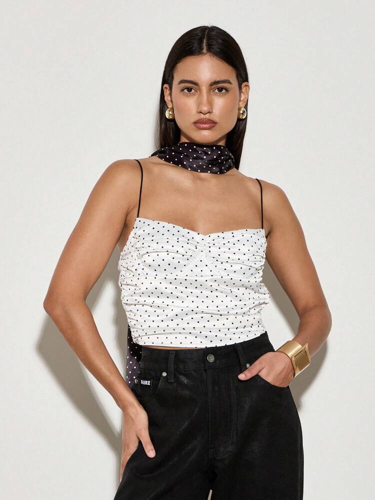 Strapless Polka Dot Cropped Top With Scarf