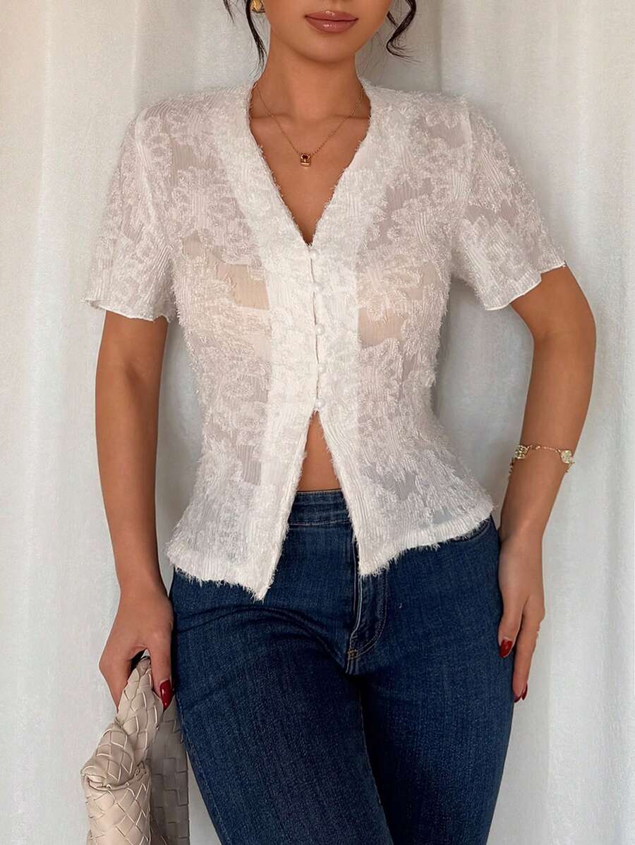 Chiquease Elegant V-Neck Sexy Versatile Short Sleeve Blouse - White - View 1