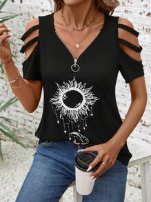 SHEIN LUNE Camiseta casual de mujer de verano con escote en V de punto, hombros abiertos, manga corta y cremallera con estampado - Negro - Ver 6