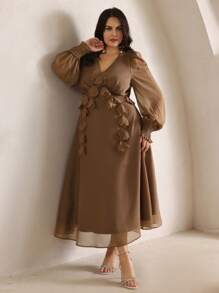 Anewsta Plus Size Women V-Neck Long Sleeve Dress, Featuring 3D Flower Embellishment, Waistband, Luxurious Elegant Party Dress Maxi Women Outfit