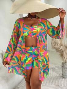 Slaydiva Plus Size 3pcs Swimwear Set: Swimwear, Cover-Up, Print Design, Casual Beachwear For Summer Holiday, Vacation - Multicolor - View 6