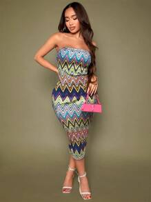 SHEIN SXY Sexy Retro Wavy Striped Print Bandeau Dress