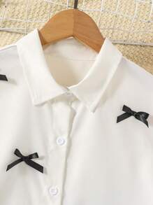 Teenage Girl Bow Decor Bell Sleeve Single-Breasted Ruffle Hem Shirt Dress - White - View 3