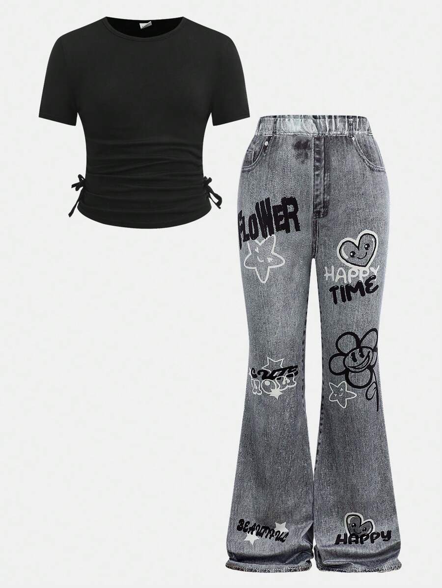 SHEIN Girlism 2pcs/Set Tween Girls Casual Crew Neck Ruched Waist T-Shirt And Pants Set - Black - View 1