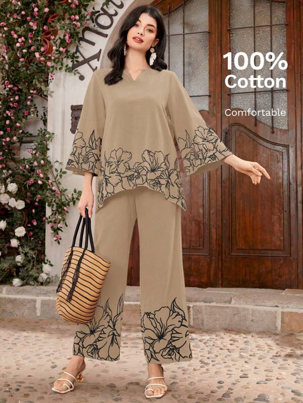 Mulvari Conjunto de 2 piezas para mujer con blusa de mangas acampanadas con estampado floral de cuello en V entallado y pantalones